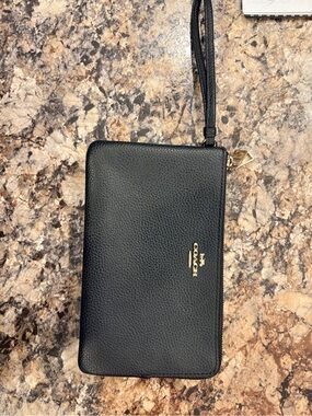Coach Black Pebbled Leather Wristlet with Gold Logo